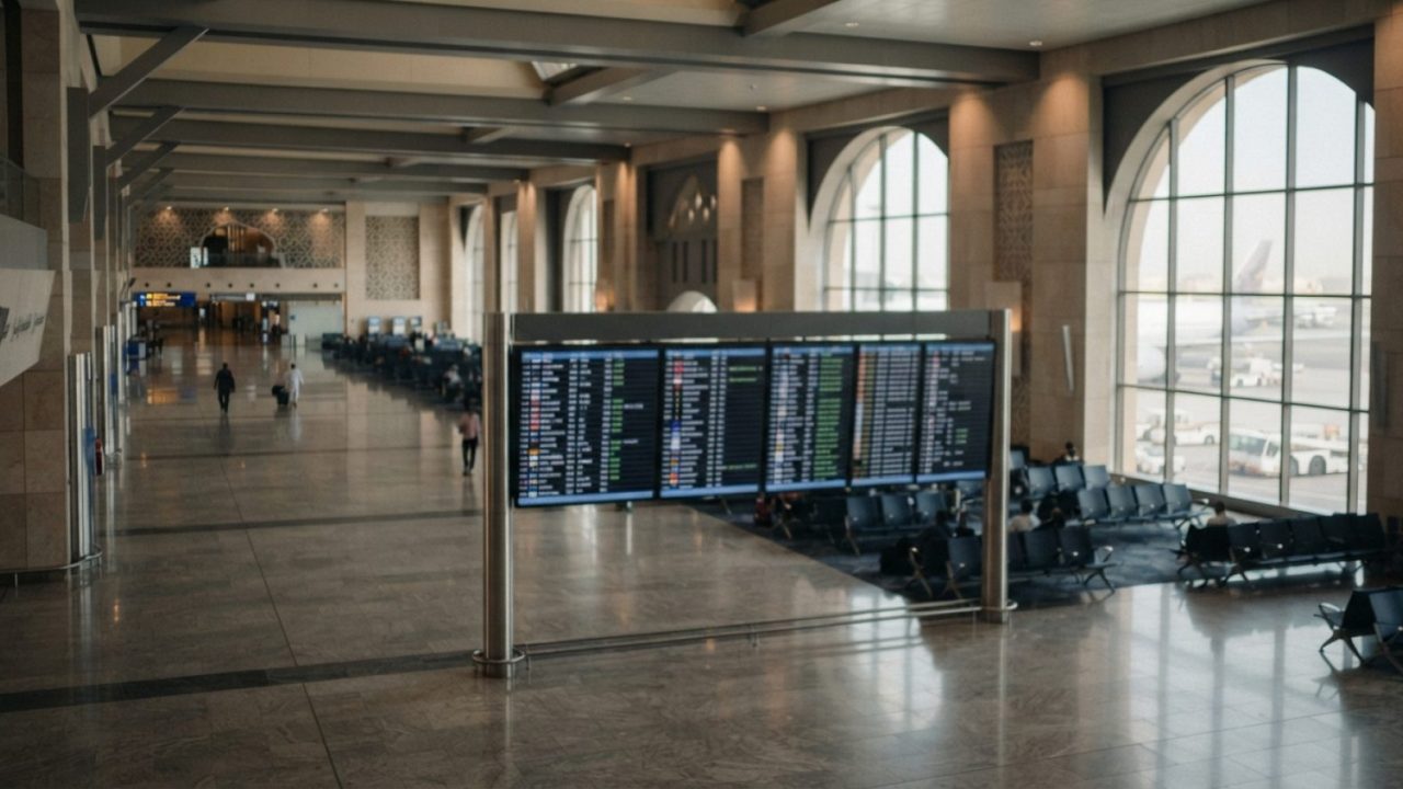Illustration: An international airport departure terminal showing electronic flight information boards with schedule updates, with an empty concourse