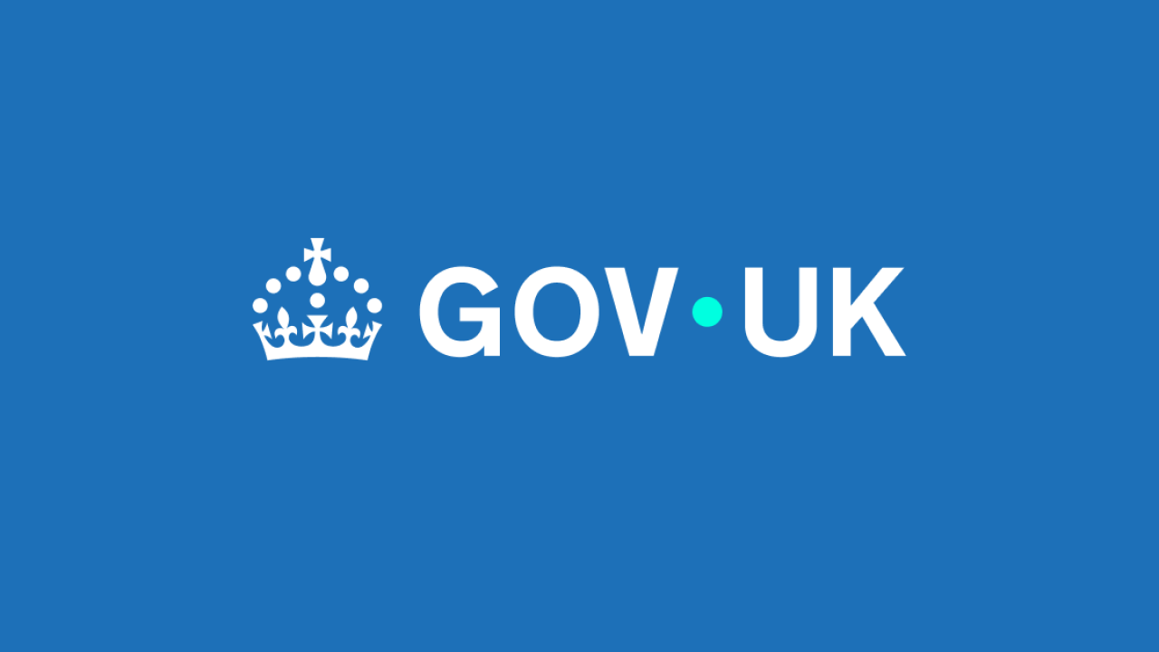 White GOV.UK logo with a crown symbol on a solid blue background
