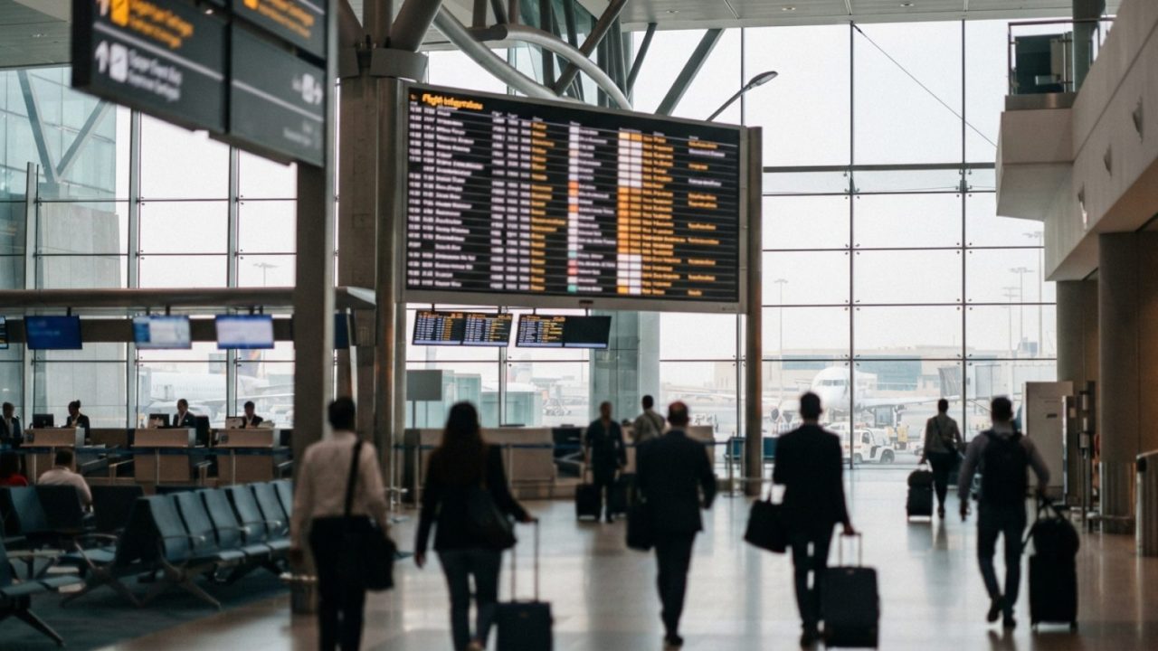 Illustration: Editorial photograph of an international airport flight information display terminal in the Middle East showing departure and arrival li