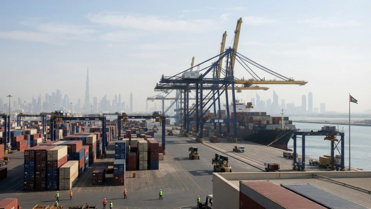 Illustration: A modern commercial container port and logistics terminal in the United Arab Emirates with large cargo cranes and stacked containers und