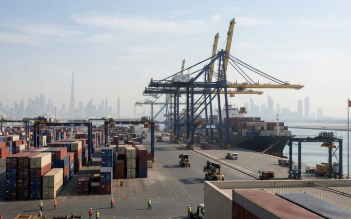 Illustration: A modern commercial container port and logistics terminal in the United Arab Emirates with large cargo cranes and stacked containers und