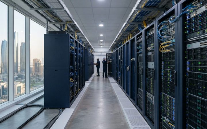Illustration: Editorial photograph showing modern server racks and glowing data center hardware inside a state-of-the-art technological facility in th