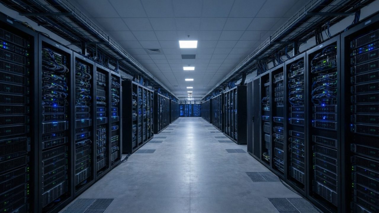 صورة توضيحية: صفوف من رفوف خوادم مراكز البيانات المتقدمة عالية الأداء تضيئها أضواء حالة خافتة بتقنية LED زرقاء في منشأة حوسبة فائقة الحداثة