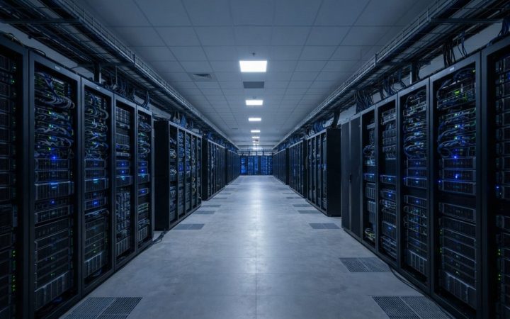 Illustration: Rows of advanced high-performance data center server racks illuminated by subtle blue LED status lights in an ultra-modern computing fac