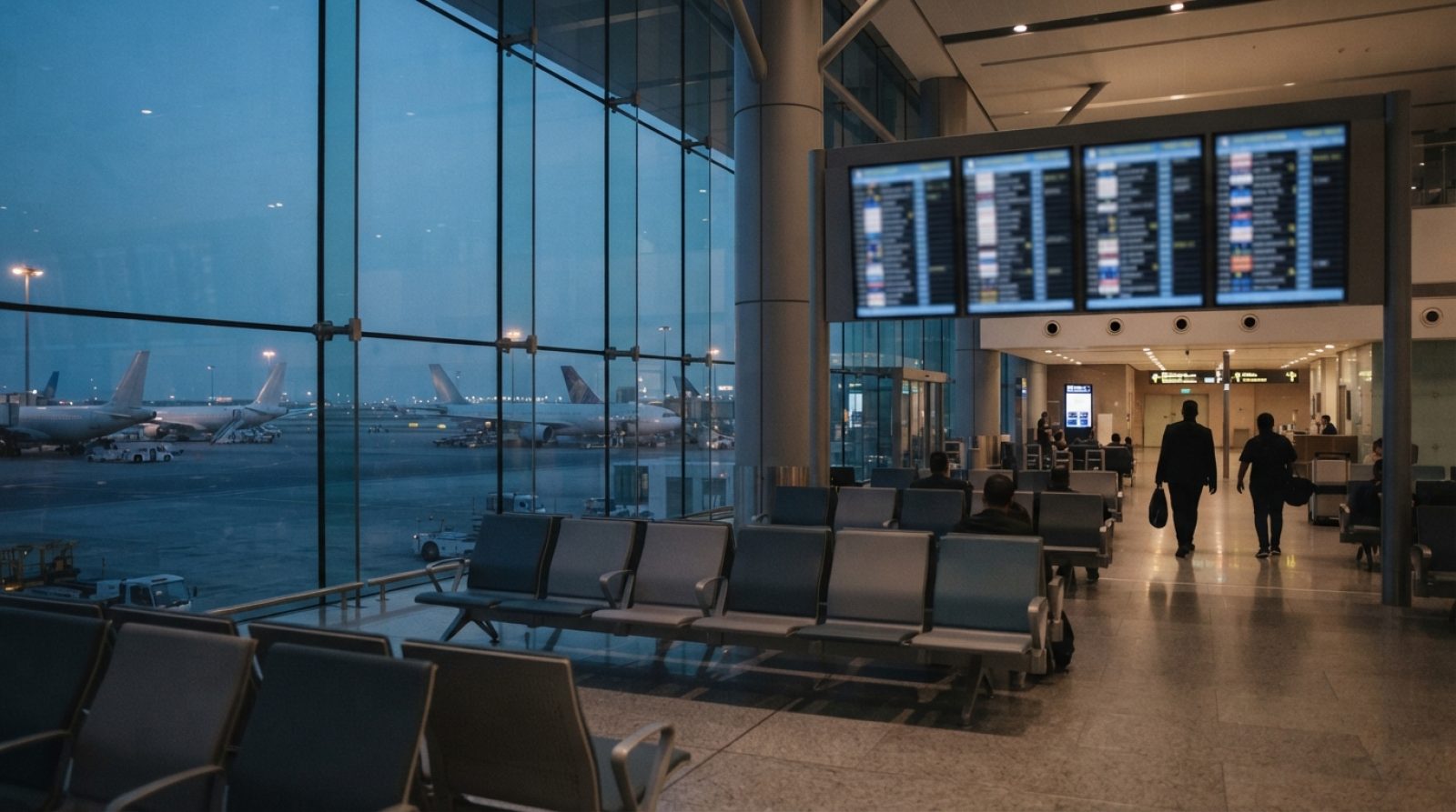 Illustration: Editorial news photograph of a modern Middle Eastern international airport terminal at dusk, showing digital flight departure informatio