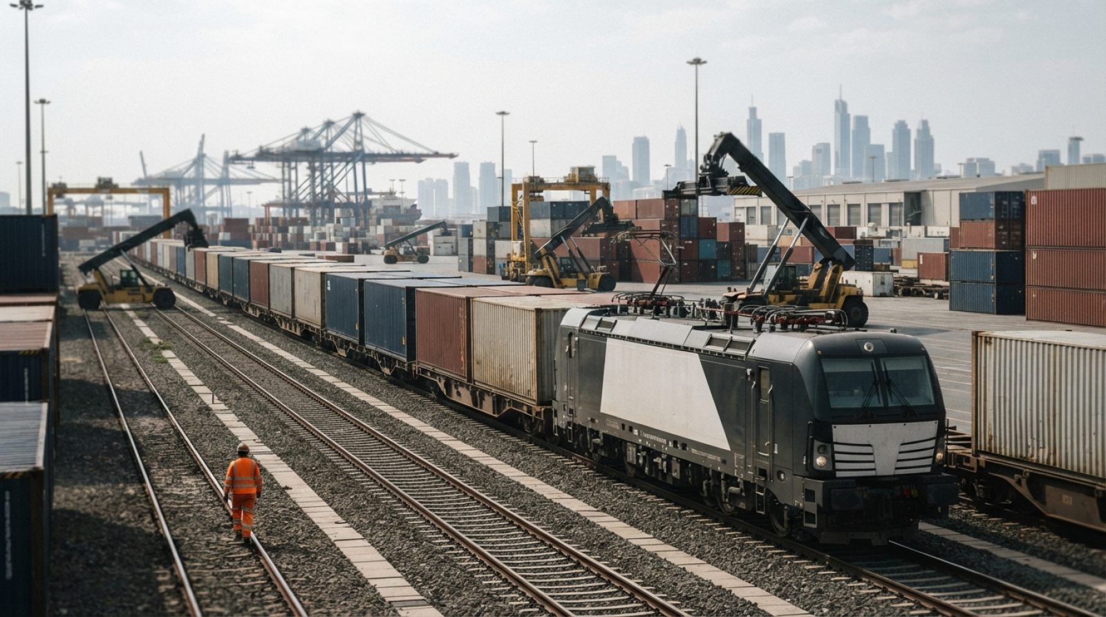 Illustration: A modern freight train and industrial shipping containers at a cargo railway logistics terminal under daylight, realistic documentary ed