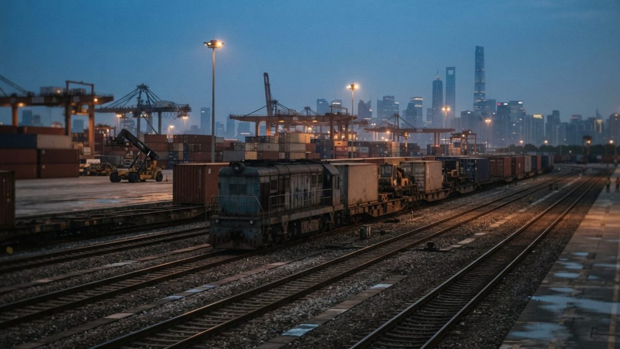Illustration: Industrial freight trains and flatbed cargo railcars sitting on steel tracks at a commercial logistics freight depot during twilight, mo