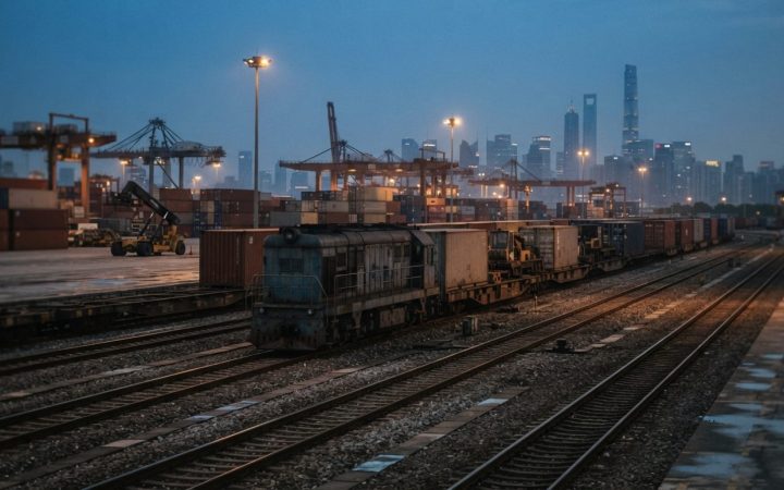 Illustration: Industrial freight trains and flatbed cargo railcars sitting on steel tracks at a commercial logistics freight depot during twilight, mo