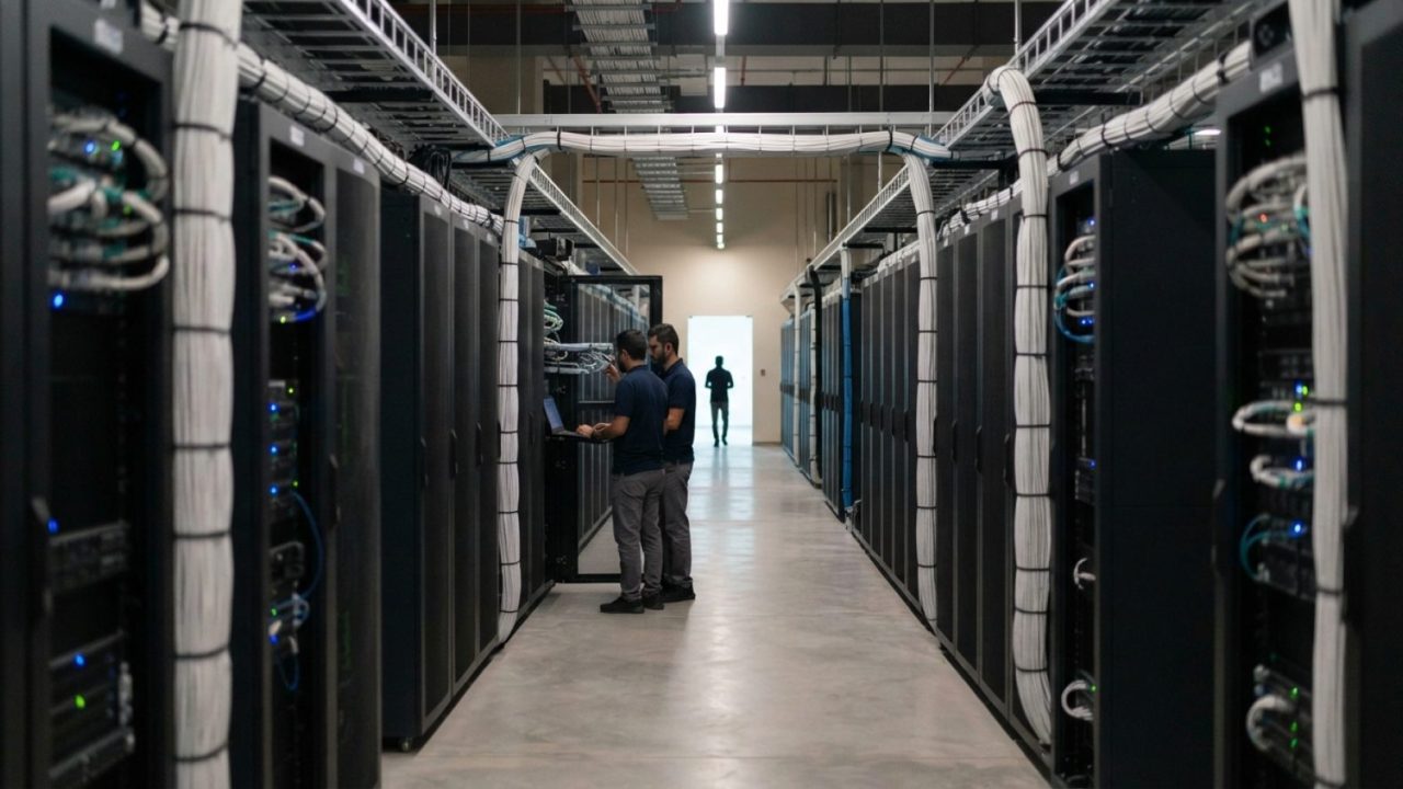 Illustration: A modern advanced artificial intelligence data center with long corridors of glowing server racks and structured optical cabling in the