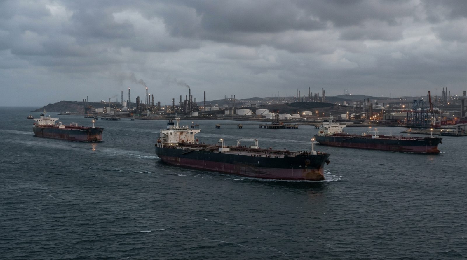 Illustration: An editorial news photograph of commercial crude oil tankers navigating open sea waters near a strategic strait at dusk, with distant in