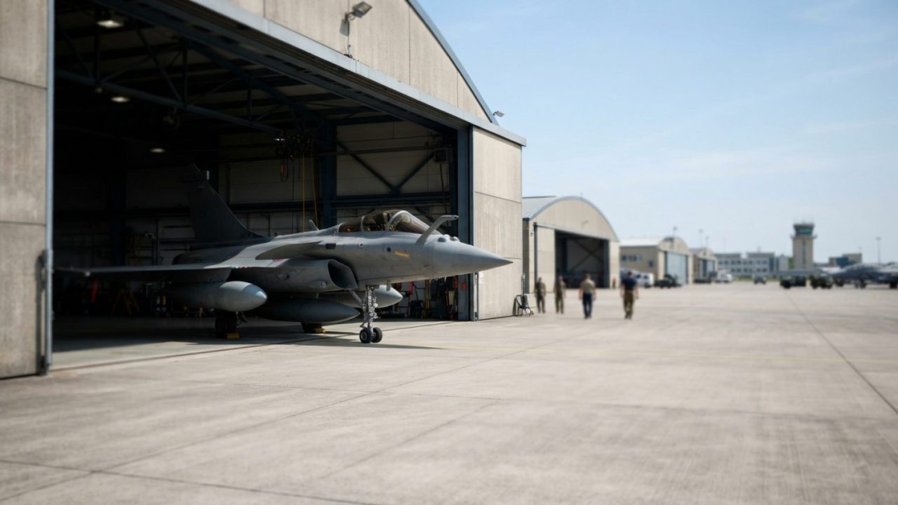 Illustration: Editorial photograph of a modern military fighter jet sitting inside an open aircraft hangar on an airbase tarmac under clear skies
