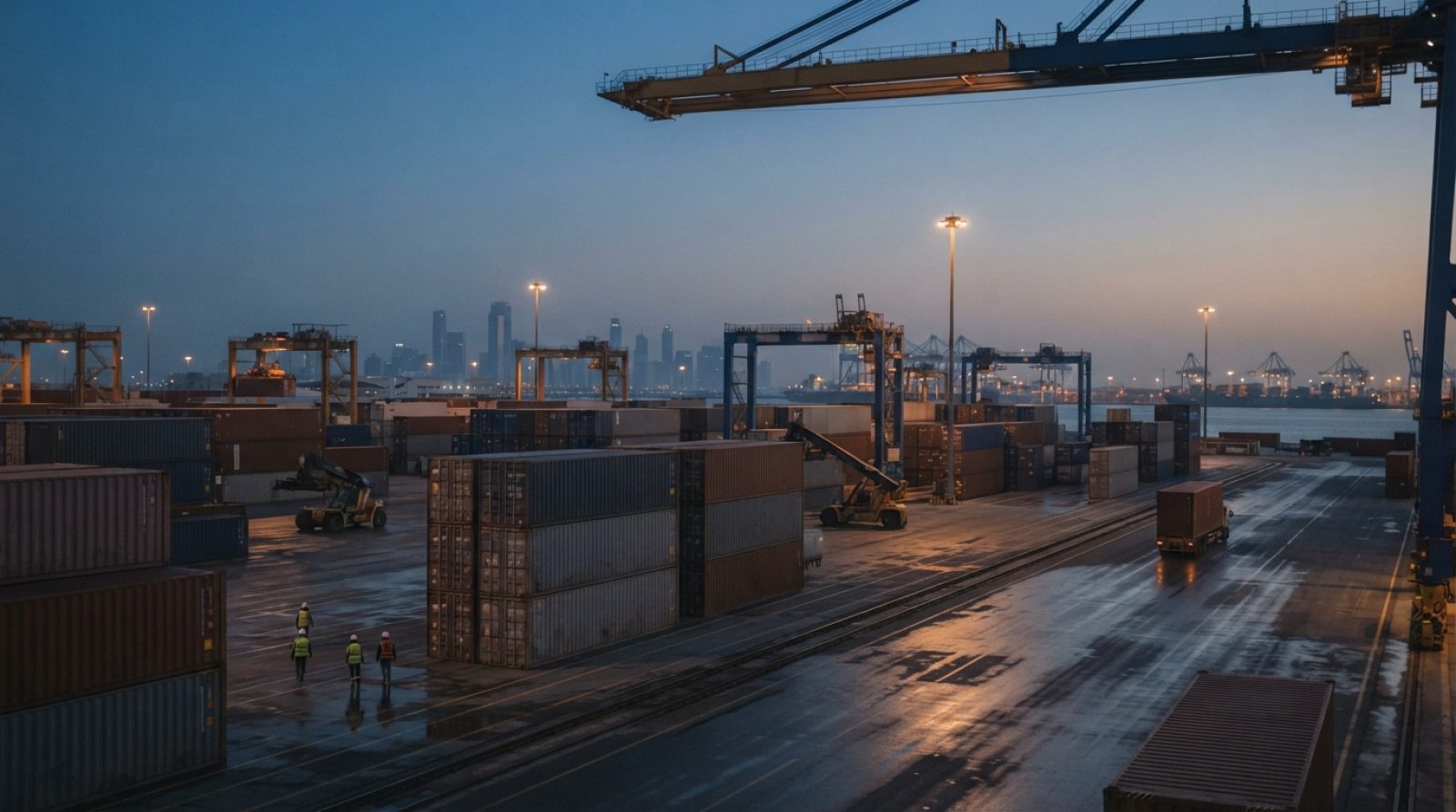 Illustration: A commercial cargo logistics terminal and container freight station with stacked metal shipping containers and industrial cranes under t
