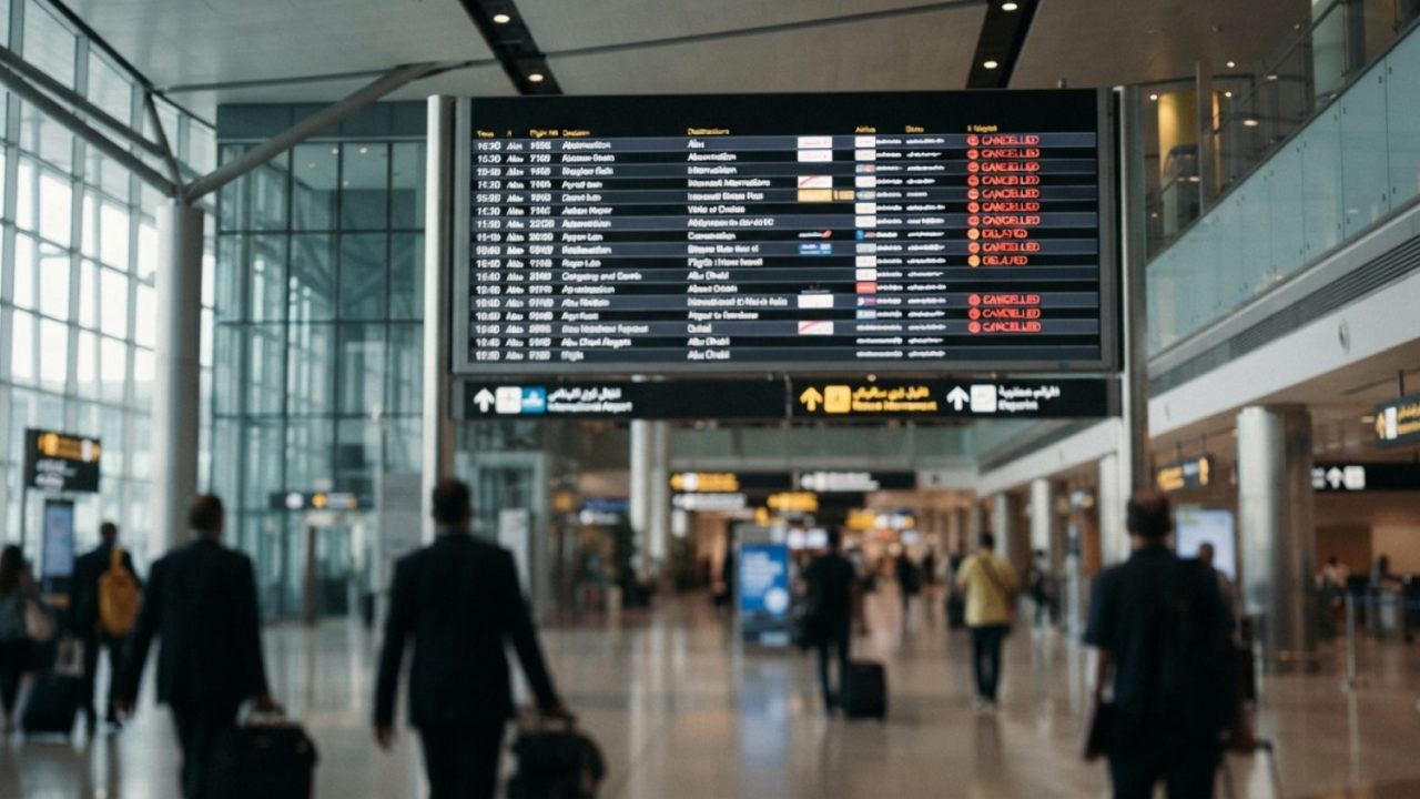 Illustration: A modern international airport terminal showing an electronic flight status display board with cancelled and delayed flights, captured i