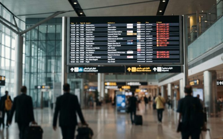 Illustration: A modern international airport terminal showing an electronic flight status display board with cancelled and delayed flights, captured i