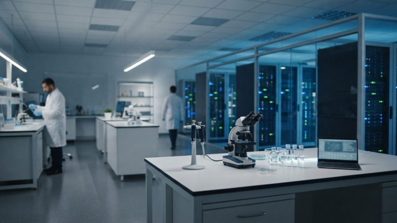 Illustration: Clean laboratory worktables and high-tech server racks in a modern biotechnology and computer hardware research facility, illuminated by