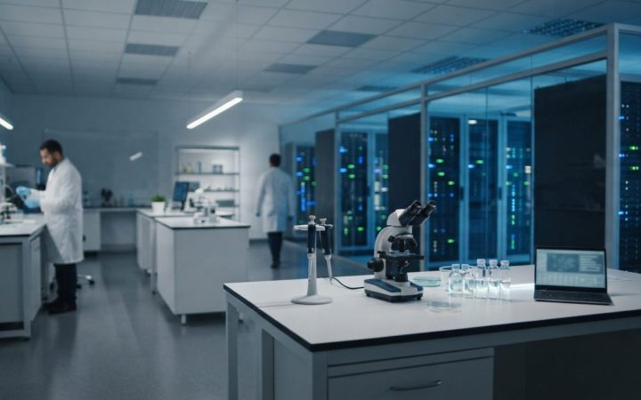 Illustration: Clean laboratory worktables and high-tech server racks in a modern biotechnology and computer hardware research facility, illuminated by