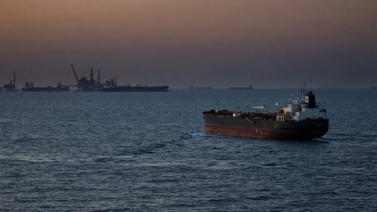 Illustration: An oil tanker navigating international waters at dusk, viewed from a distance, with calm waves and an industrial maritime horizon under