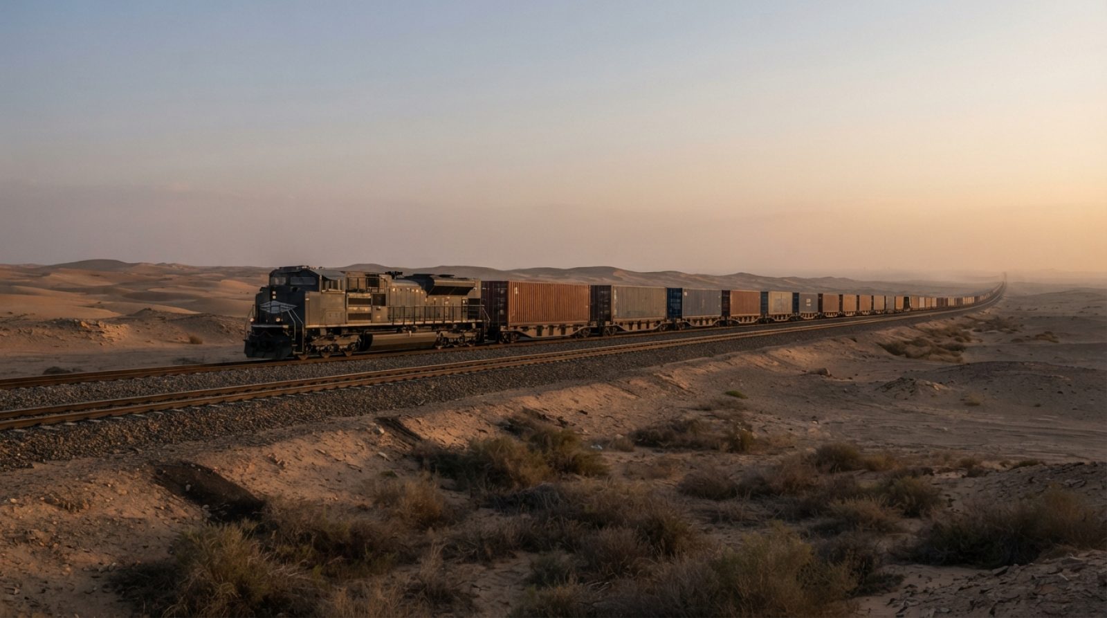 Illustration: A modern freight train transporting industrial cargo containers across an expansive desert railway track at sunset, realistic editorial