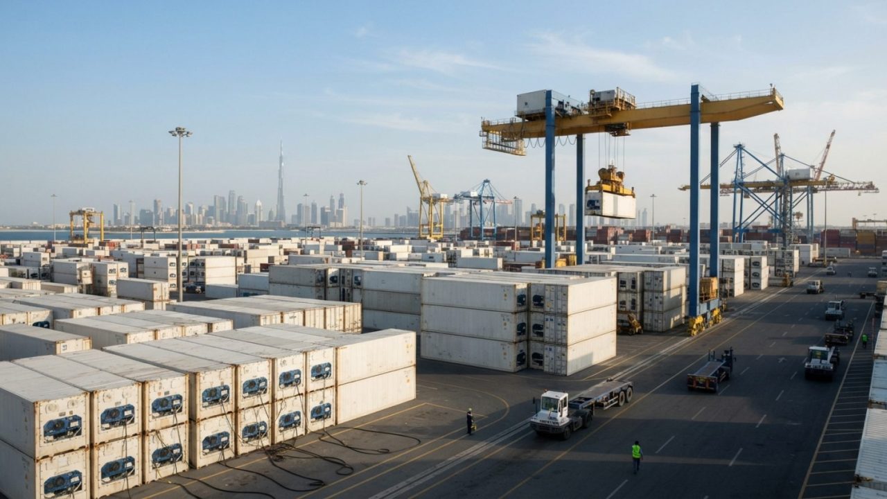 Illustration: Editorial news photograph showing a refrigerated shipping container terminal in Dubai with rows of white reefer containers and logistics