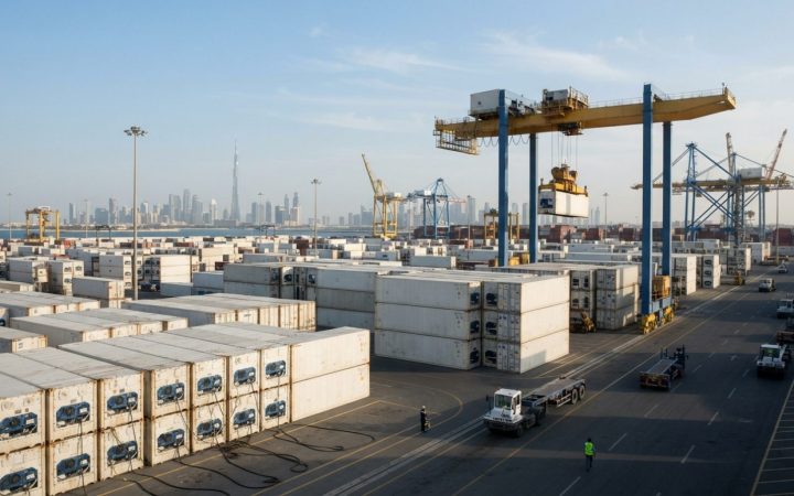Illustration: Editorial news photograph showing a refrigerated shipping container terminal in Dubai with rows of white reefer containers and logistics