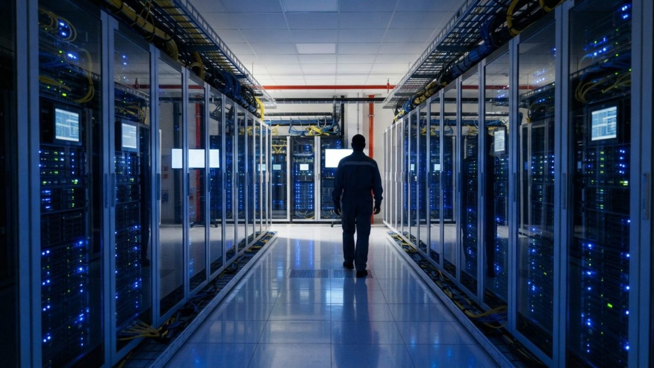 Illustration: Editorial photograph of a modern Middle East enterprise data centre interior, showing rows of server racks with blue LED indicator light