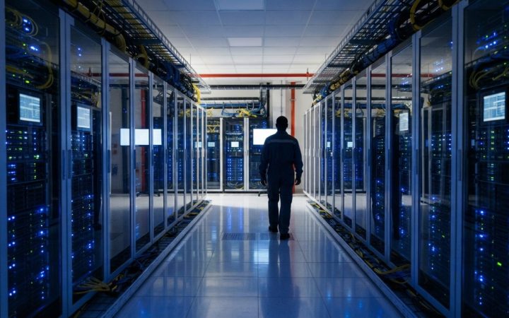 Illustration: Editorial photograph of a modern Middle East enterprise data centre interior, showing rows of server racks with blue LED indicator light
