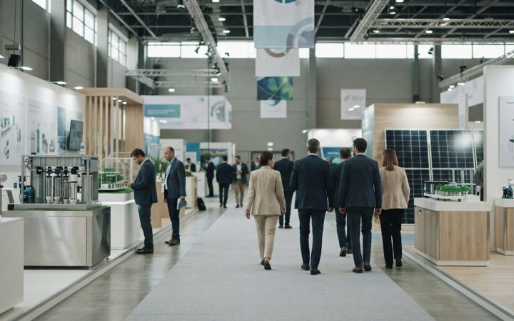Illustration: A modern exhibition hall with clean technology and water treatment equipment on display, illuminated bright exhibition booths with indus