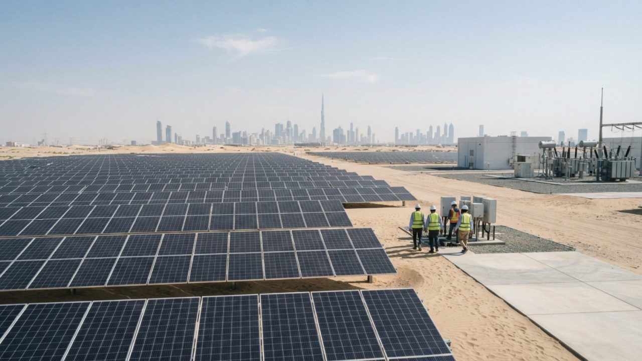 Illustration: Modern architectural exterior of the Dubai World Trade Centre or an expansive solar farm in the UAE desert under bright daylight, convey