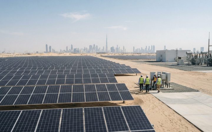 Illustration: Modern architectural exterior of the Dubai World Trade Centre or an expansive solar farm in the UAE desert under bright daylight, convey