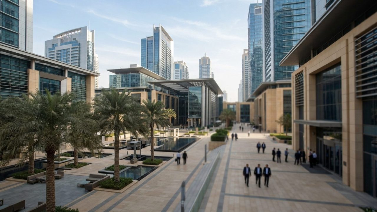 Illustration: A modern commercial financial center in Dubai featuring sleek glass architectural towers, pedestrian walkways, and landscaped palm trees
