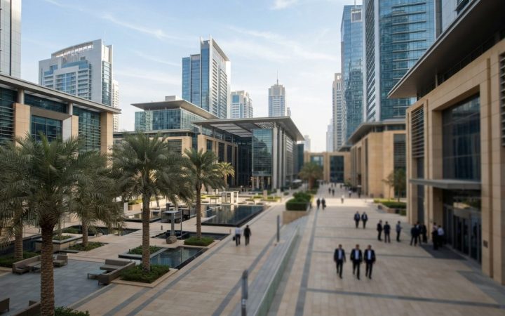 Illustration: A modern commercial financial center in Dubai featuring sleek glass architectural towers, pedestrian walkways, and landscaped palm trees
