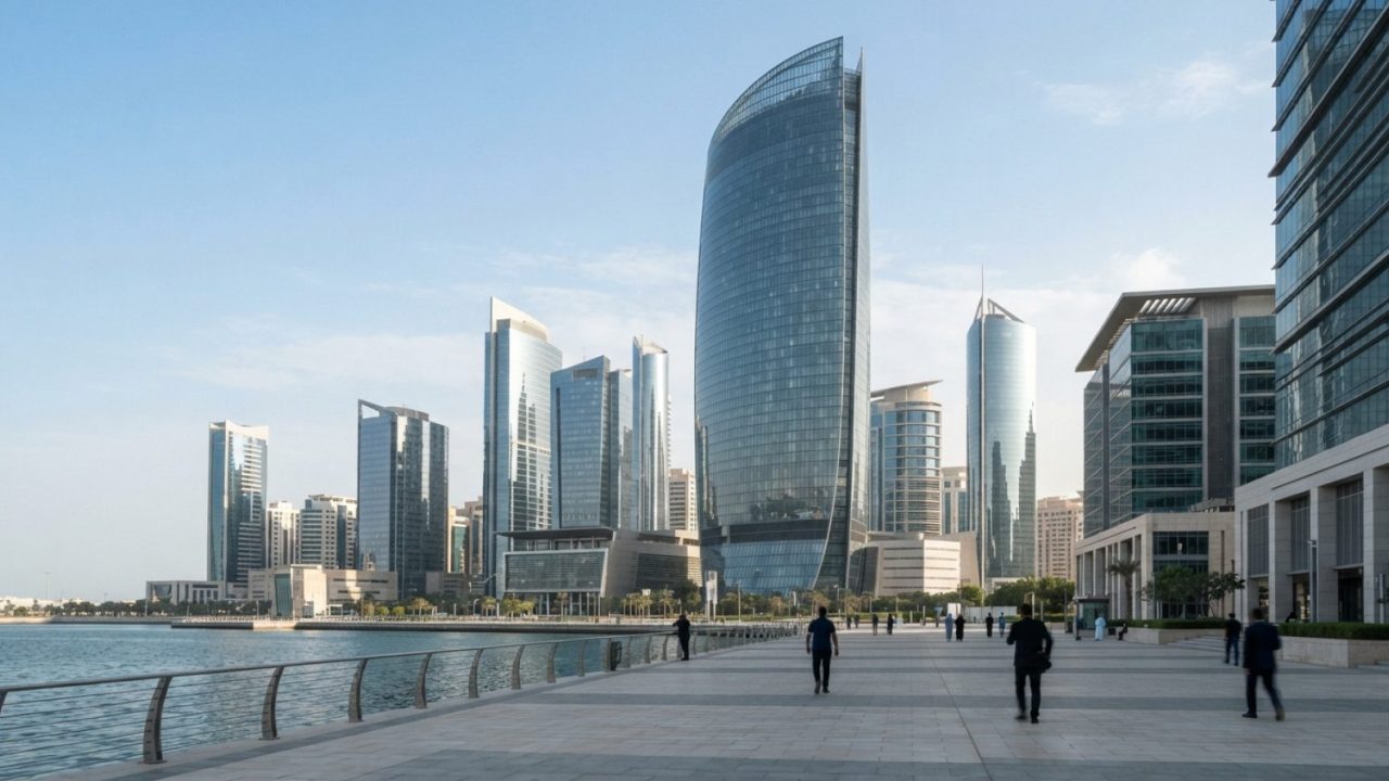 Illustration: Sovereign wealth fund headquarters and modern financial towers in Abu Dhabi under clear daylight, glass facade reflective corporate arch