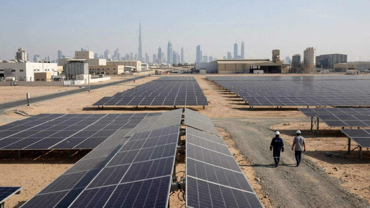 Illustration: Solar panel arrays positioned in a sunny desert landscape outside modern industrial infrastructure in Dubai under clear skies