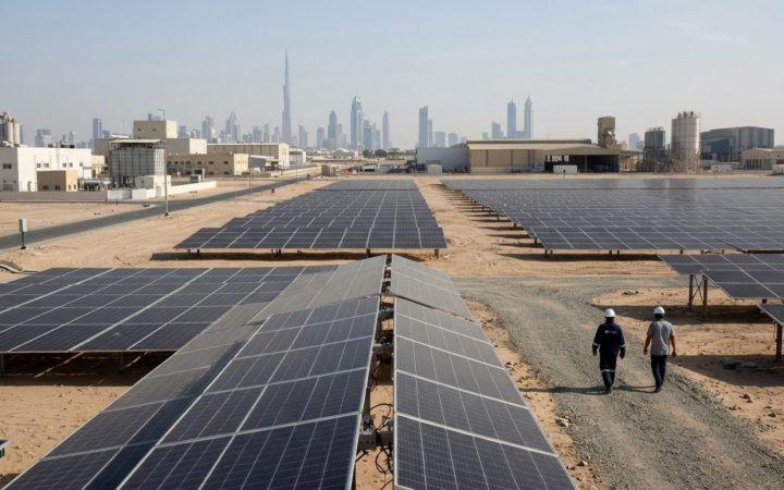 Illustration: Solar panel arrays positioned in a sunny desert landscape outside modern industrial infrastructure in Dubai under clear skies