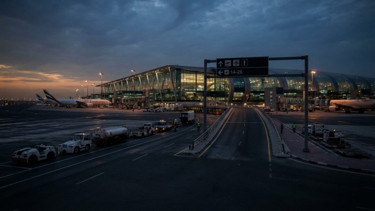 Illustration: Editorial photograph of a modern Middle Eastern international airport terminal exterior at dusk, showing empty tarmac access roads, dire