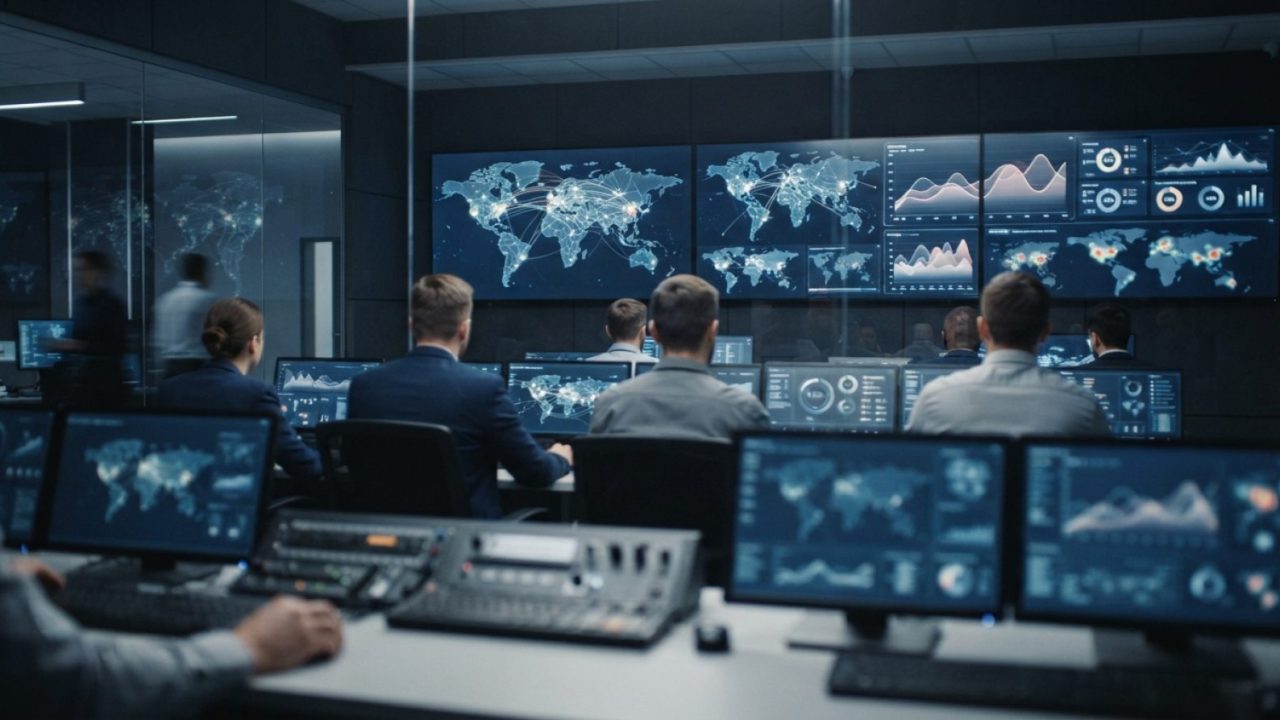 Illustration: A modern technological control room displaying illuminated global financial data flows, cyber intelligence networks, and analytical dash