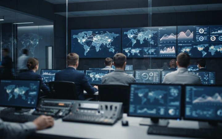 Illustration: A modern technological control room displaying illuminated global financial data flows, cyber intelligence networks, and analytical dash