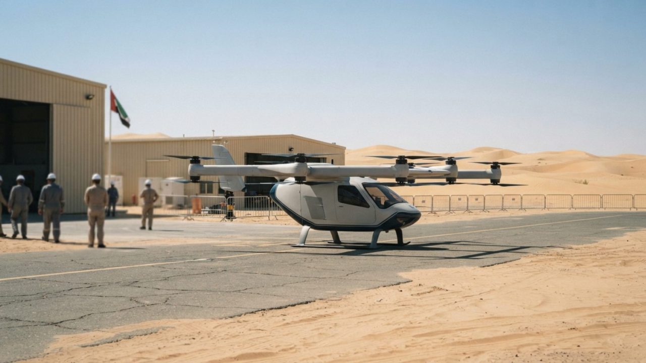 Illustration: A modern futuristic electric vertical takeoff aircraft module resting on an open desert test runway in the UAE under bright daytime sunl