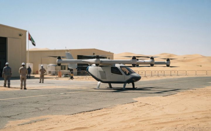 Illustration: A modern futuristic electric vertical takeoff aircraft module resting on an open desert test runway in the UAE under bright daytime sunl