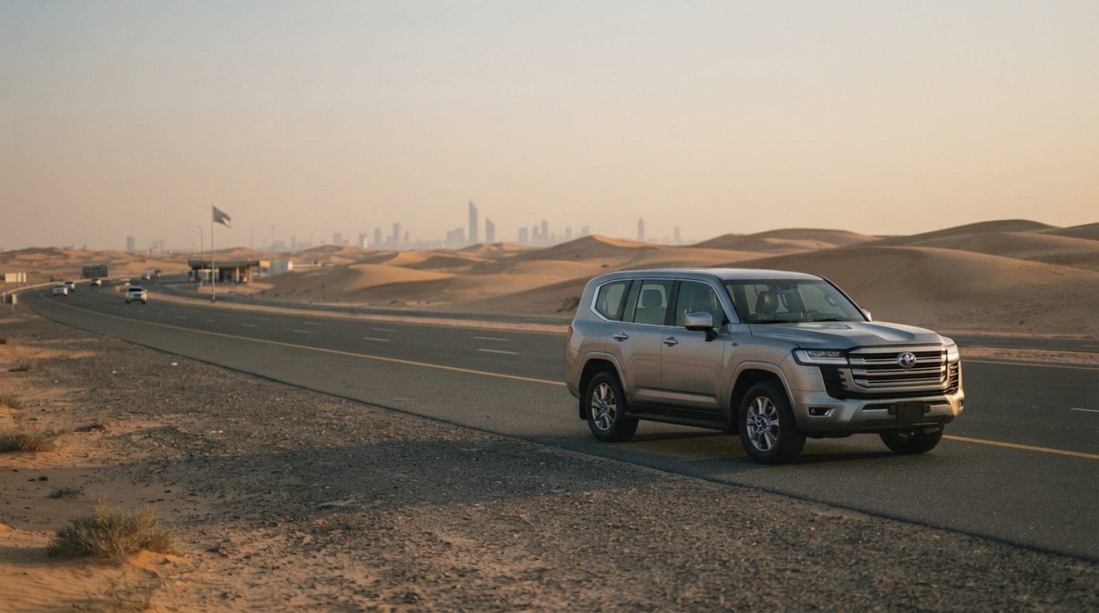 Illustration: A modern metallic silver full-size SUV parked on the edge of a paved highway through a sweeping Arabian desert landscape at golden hour,