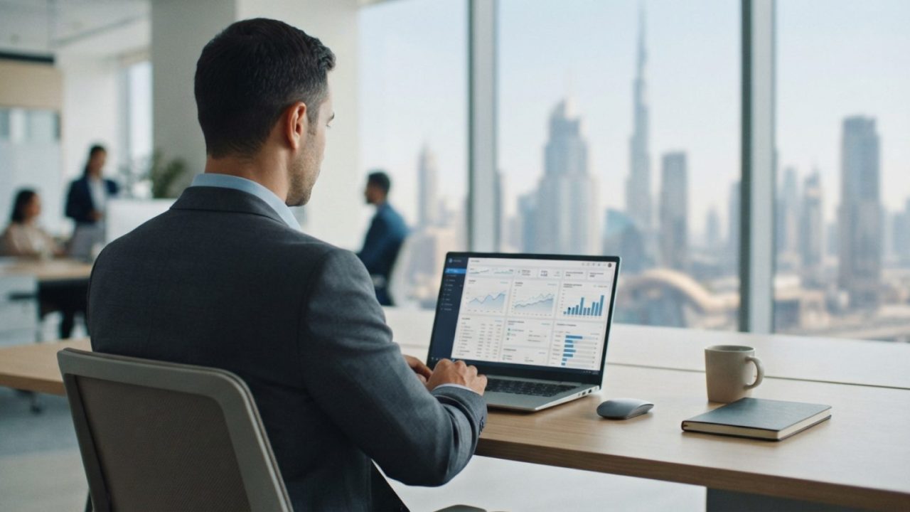 Illustration: A modern corporate office desk in Dubai with a laptop displaying financial analytics charts, digital invoices, and tax compliance data d