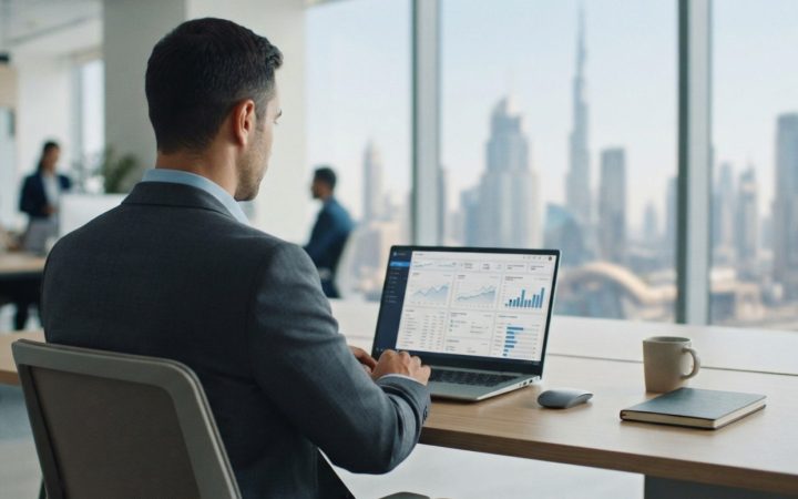 Illustration: A modern corporate office desk in Dubai with a laptop displaying financial analytics charts, digital invoices, and tax compliance data d