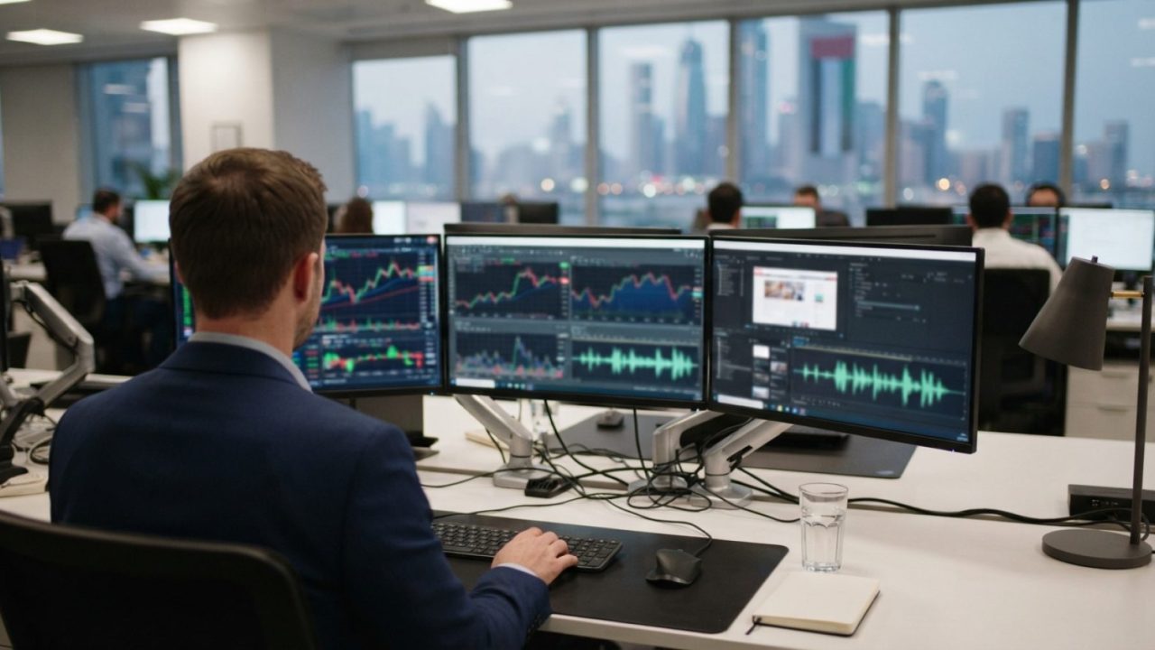 Illustration: A modern multimedia newsroom desk with computer monitors displaying financial charts, international economic data dashboards, and digita