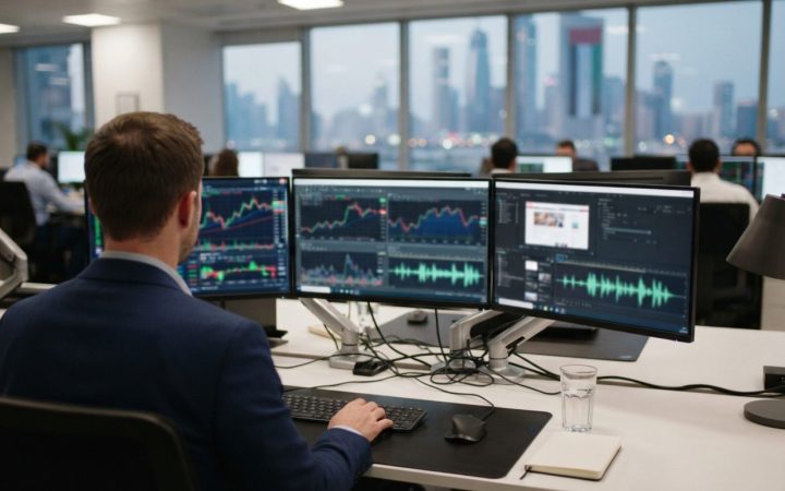 Illustration: A modern multimedia newsroom desk with computer monitors displaying financial charts, international economic data dashboards, and digita