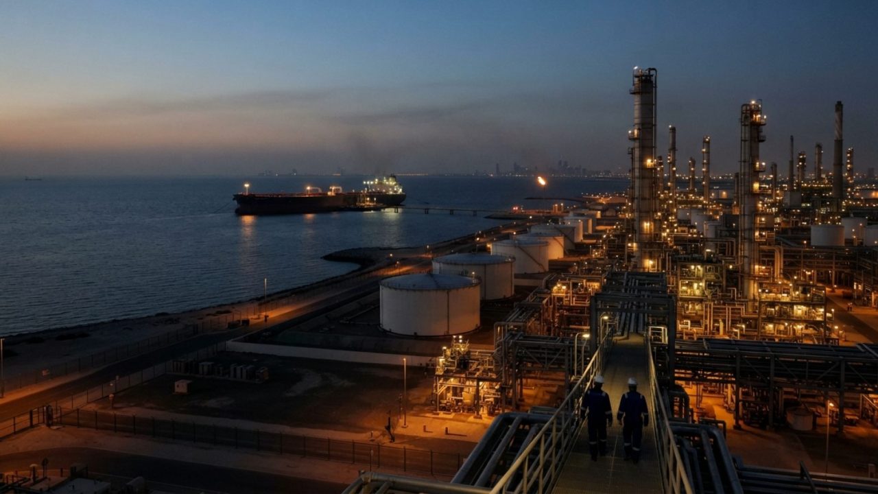 Illustration: A modern coastal crude oil refinery complex with fractionation towers and storage tanks during twilight, with a very large crude carrier