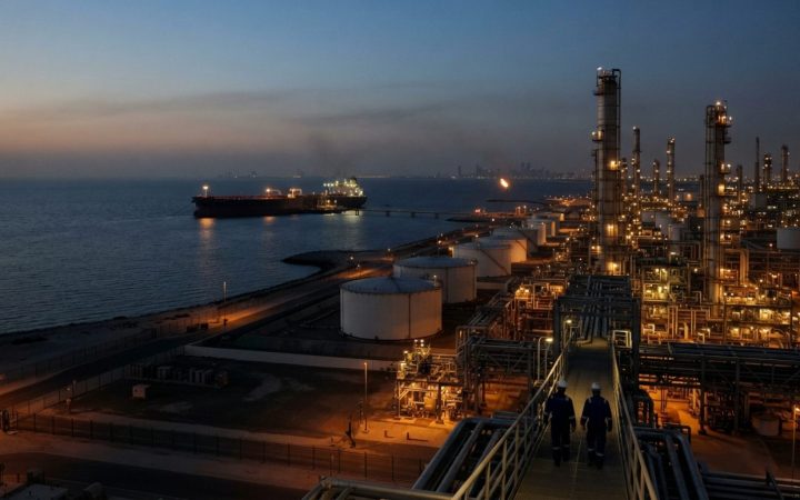 Illustration: A modern coastal crude oil refinery complex with fractionation towers and storage tanks during twilight, with a very large crude carrier